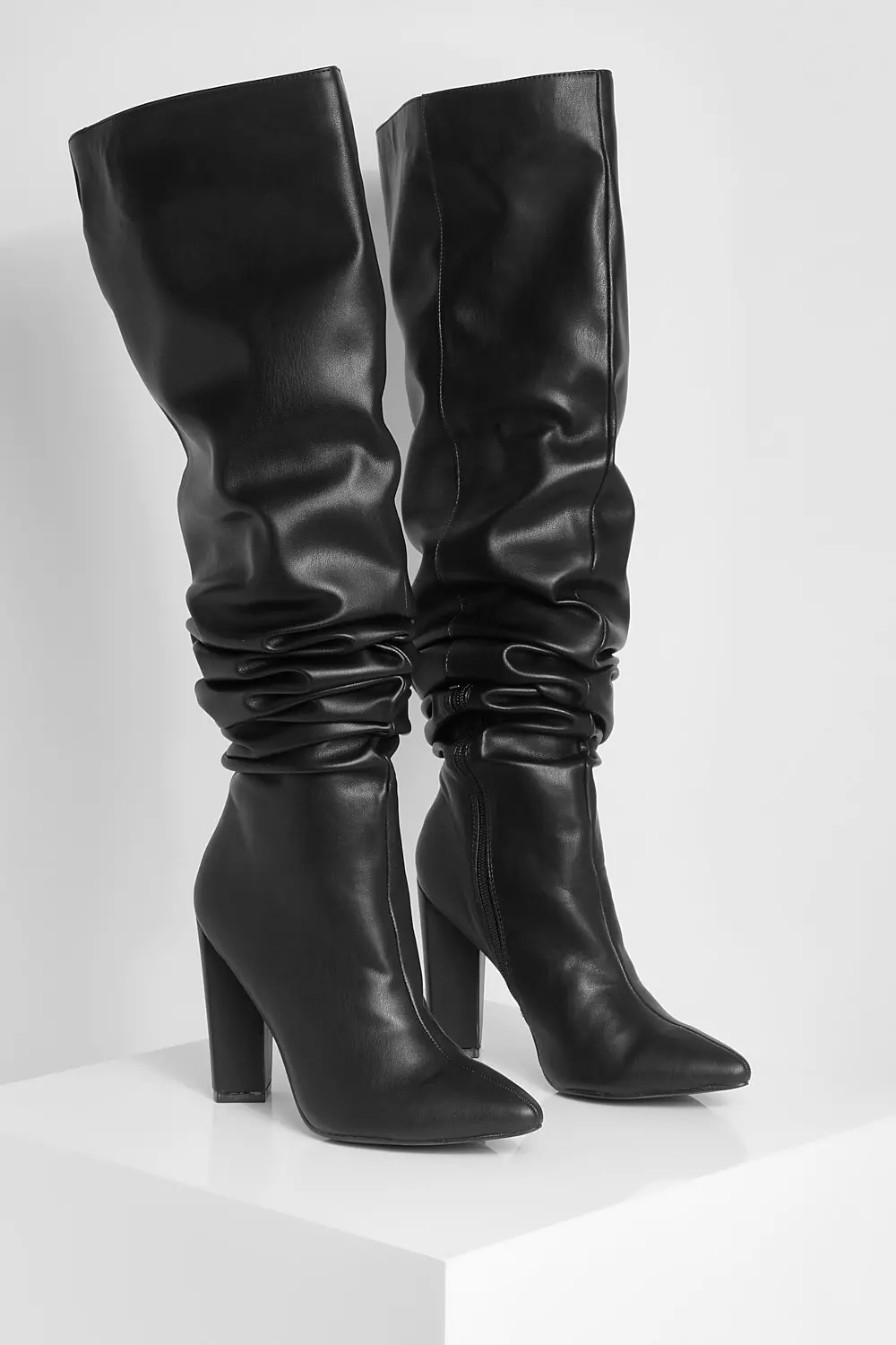 Black Ruched Thigh High Block Heel Boots alternative image
