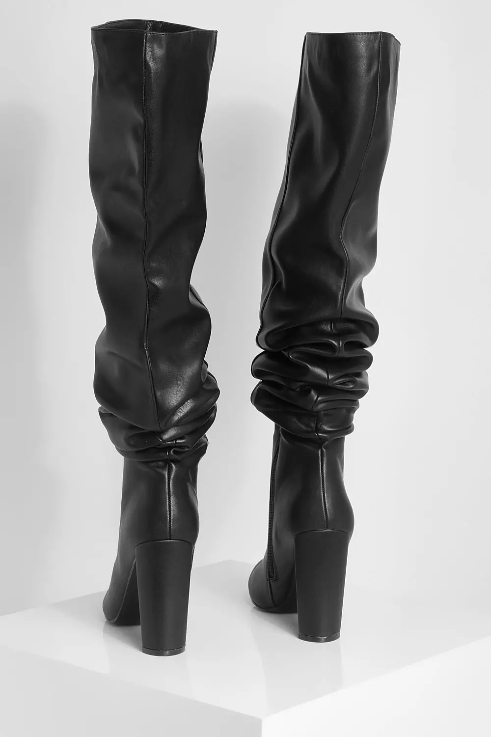 Black Ruched Thigh High Block Heel Boots alternative image