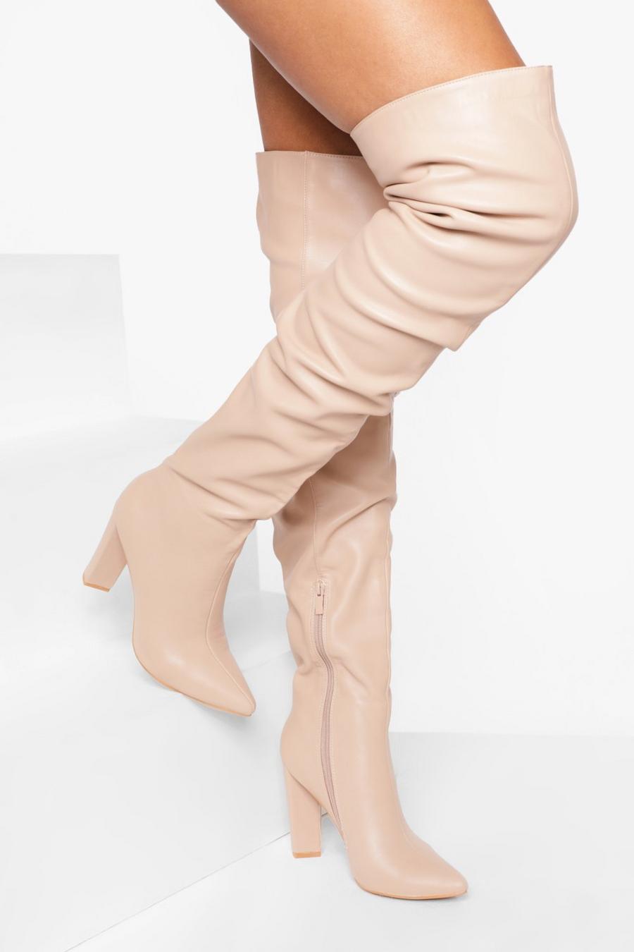 Nude Ruched Thigh High Block Heel Boots image number 1