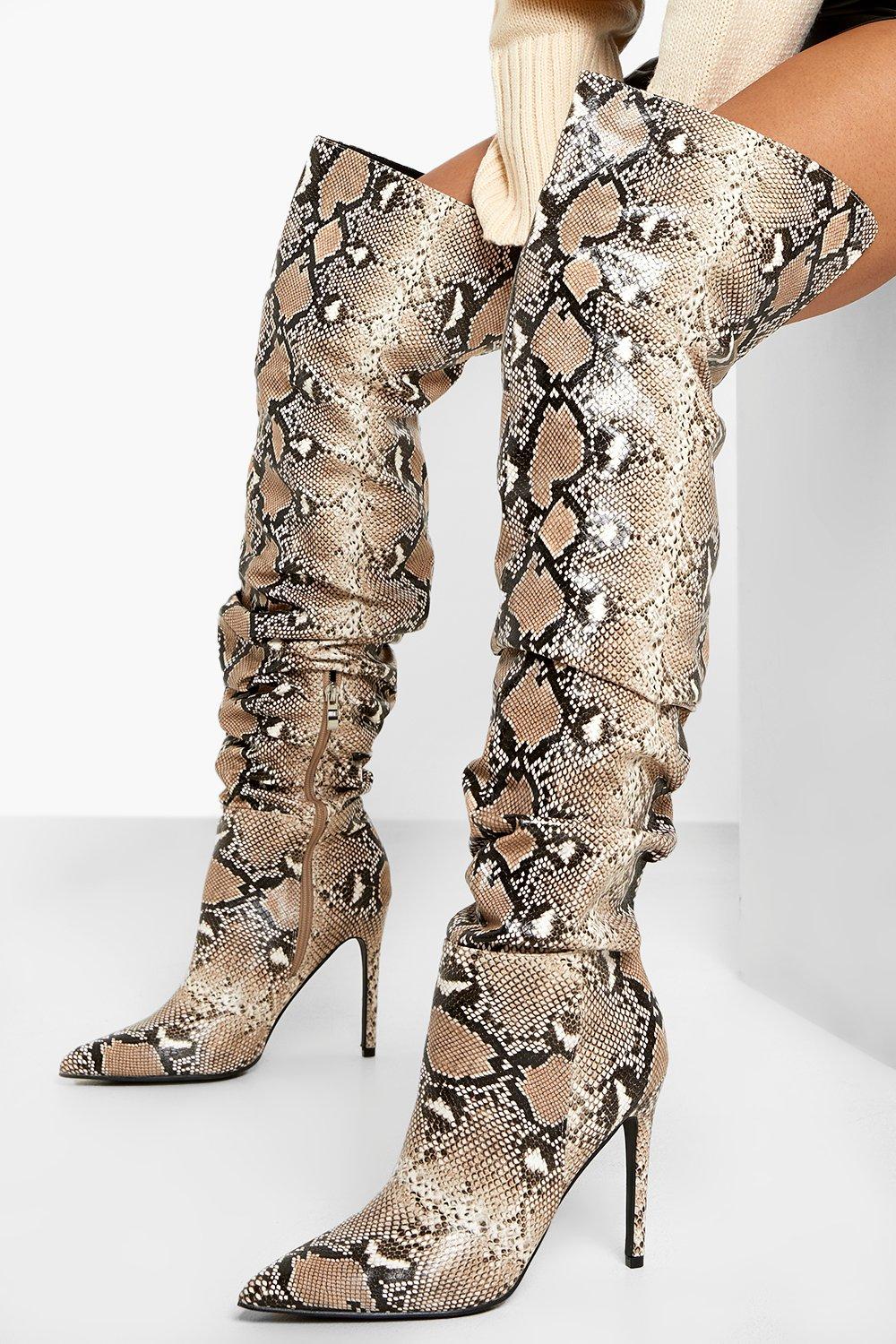 Tante ulv Optage Snake Print Thigh High Stiletto Boots | Boohoo UK