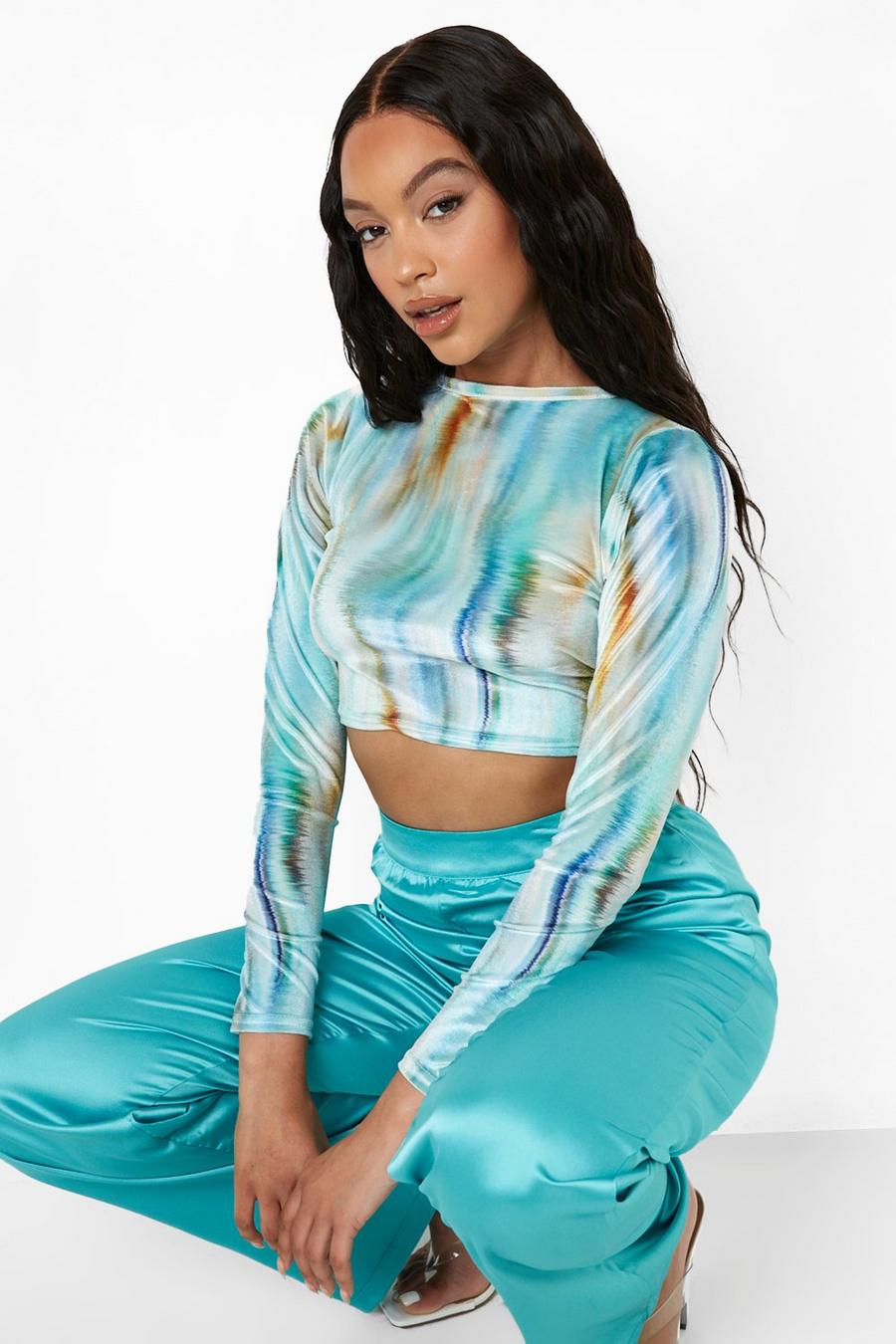 Blue Printed Velour Back Cut Out Crop Top image number 1