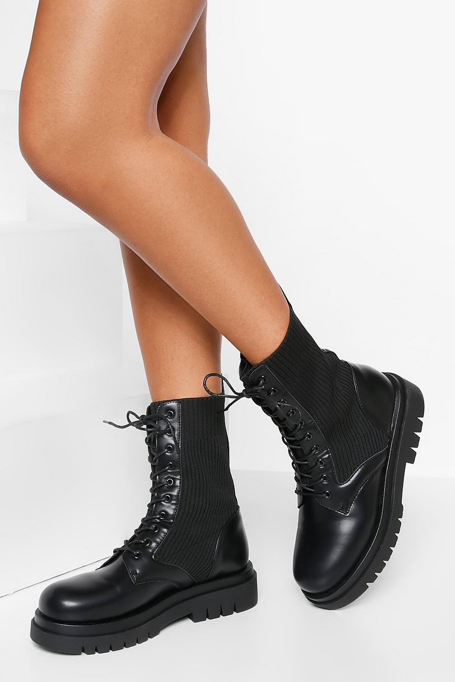 Black Chunky Knit Detail Lace Up Hiker Boots