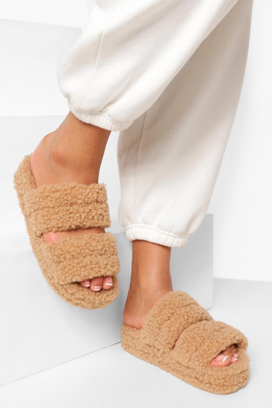 Beige Teddy Faux Double Strap Chunky Slides image number 1