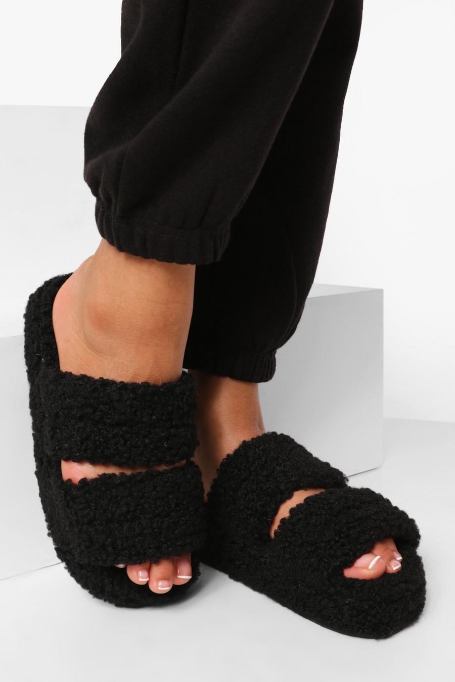 Black Teddy Faux Double Strap Chunky Sliders image number 1