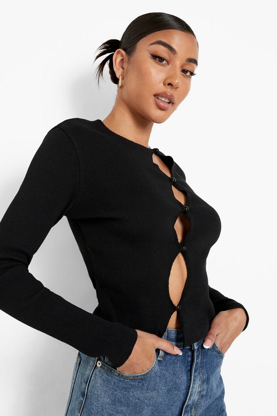 Black Ribbed Button Up Long Sleeve Top image number 1
