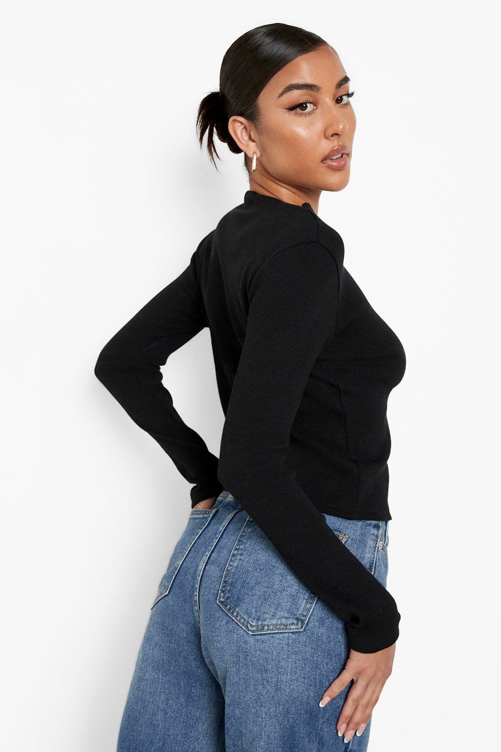 Black Long Sleeve Rib Button Top