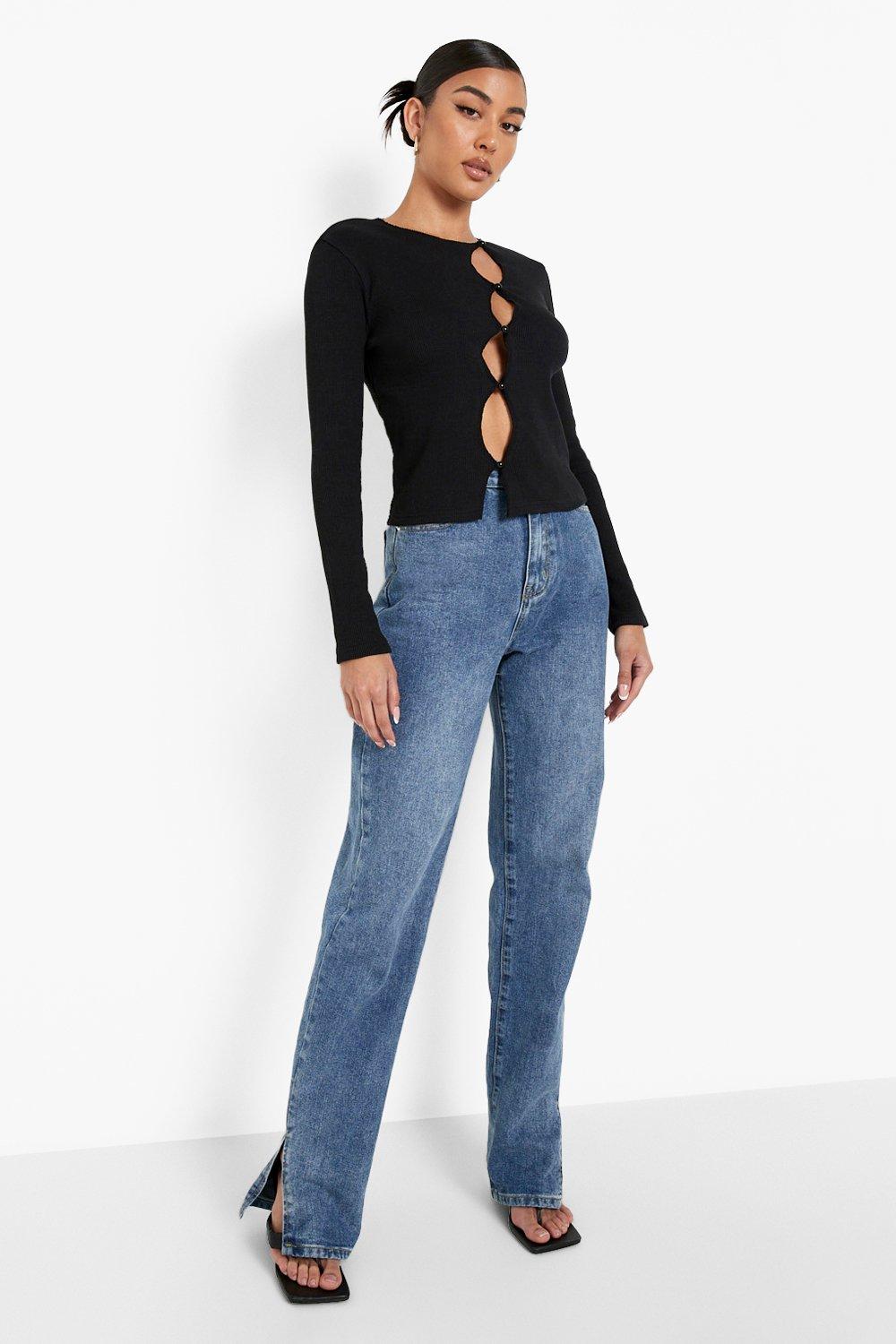 Black Long Sleeve Rib Button Top