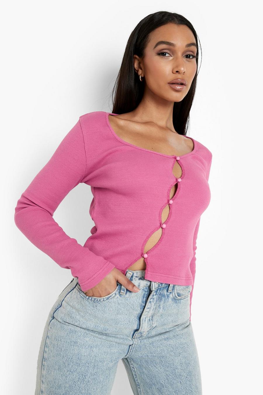 Pink Ribbed Button Up Long Sleeve Top image number 1