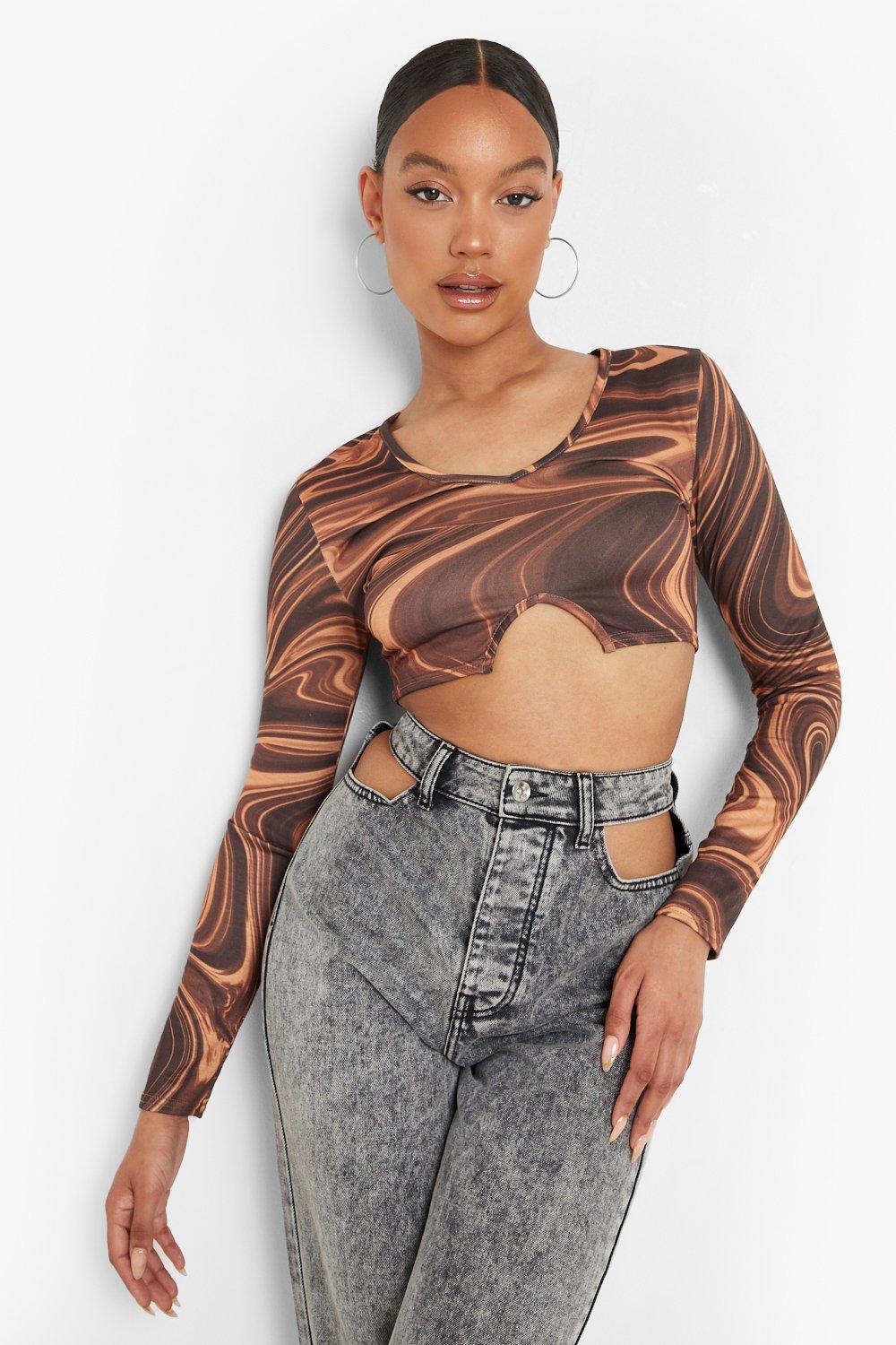 Women's 2024 brown printed long-sleeved top