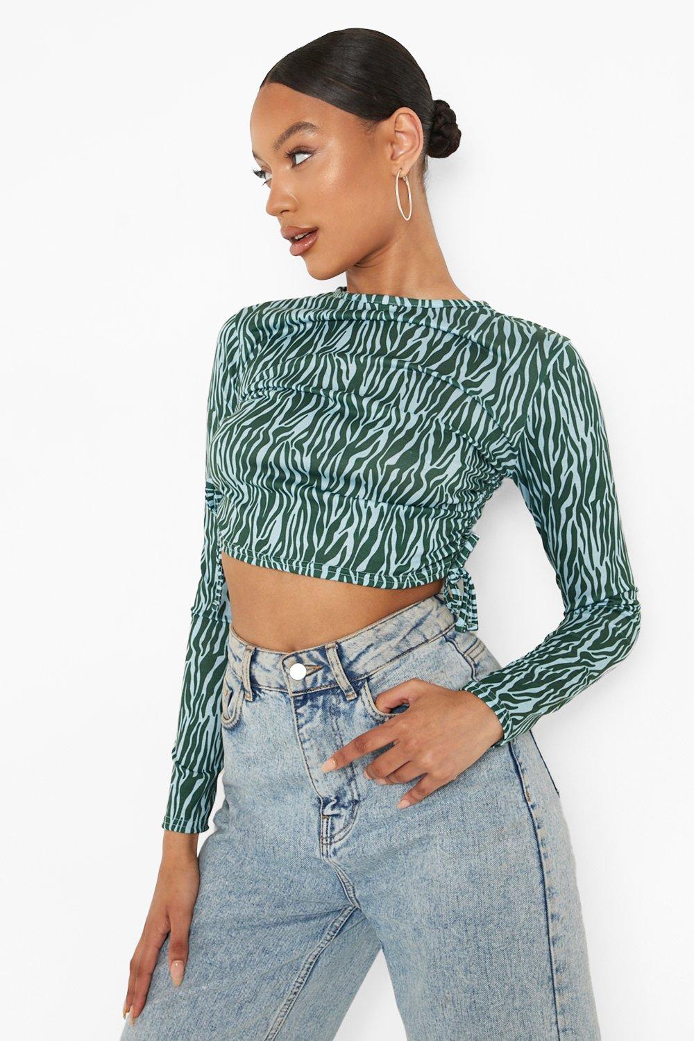 Cut Out Shoulder Long Sleeve Lettuce Hem Crop Top