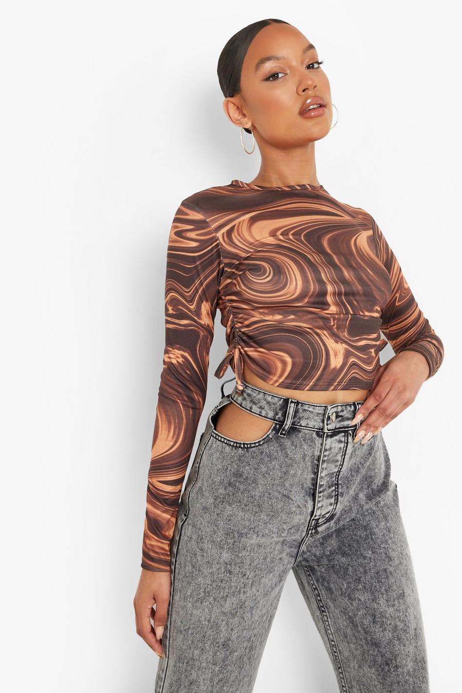 Gerafftes Crop Top mit Print, Chocolate image number 1