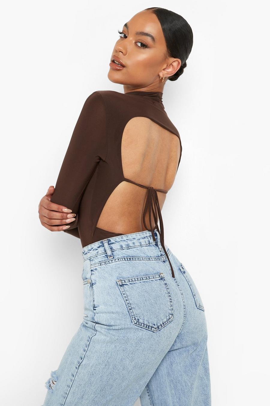 Chocolate Double Layer Slinky Tie Back Bodysuit image number 1