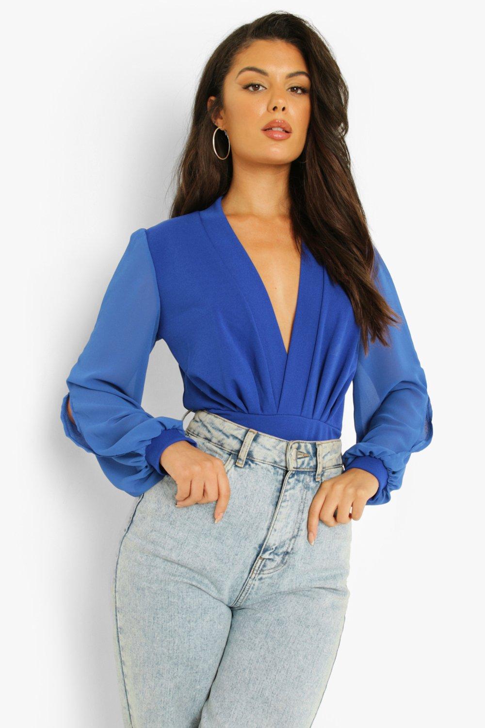 Wrap Chiffon Sleeves Bodysuit Top