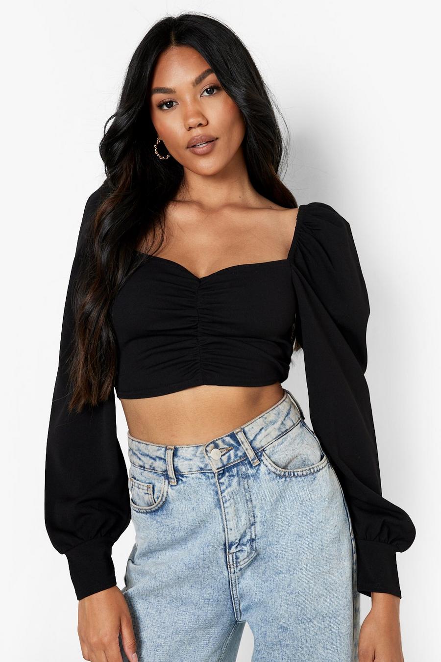 Black Puff Sleeve Ruched Crop Top image number 1