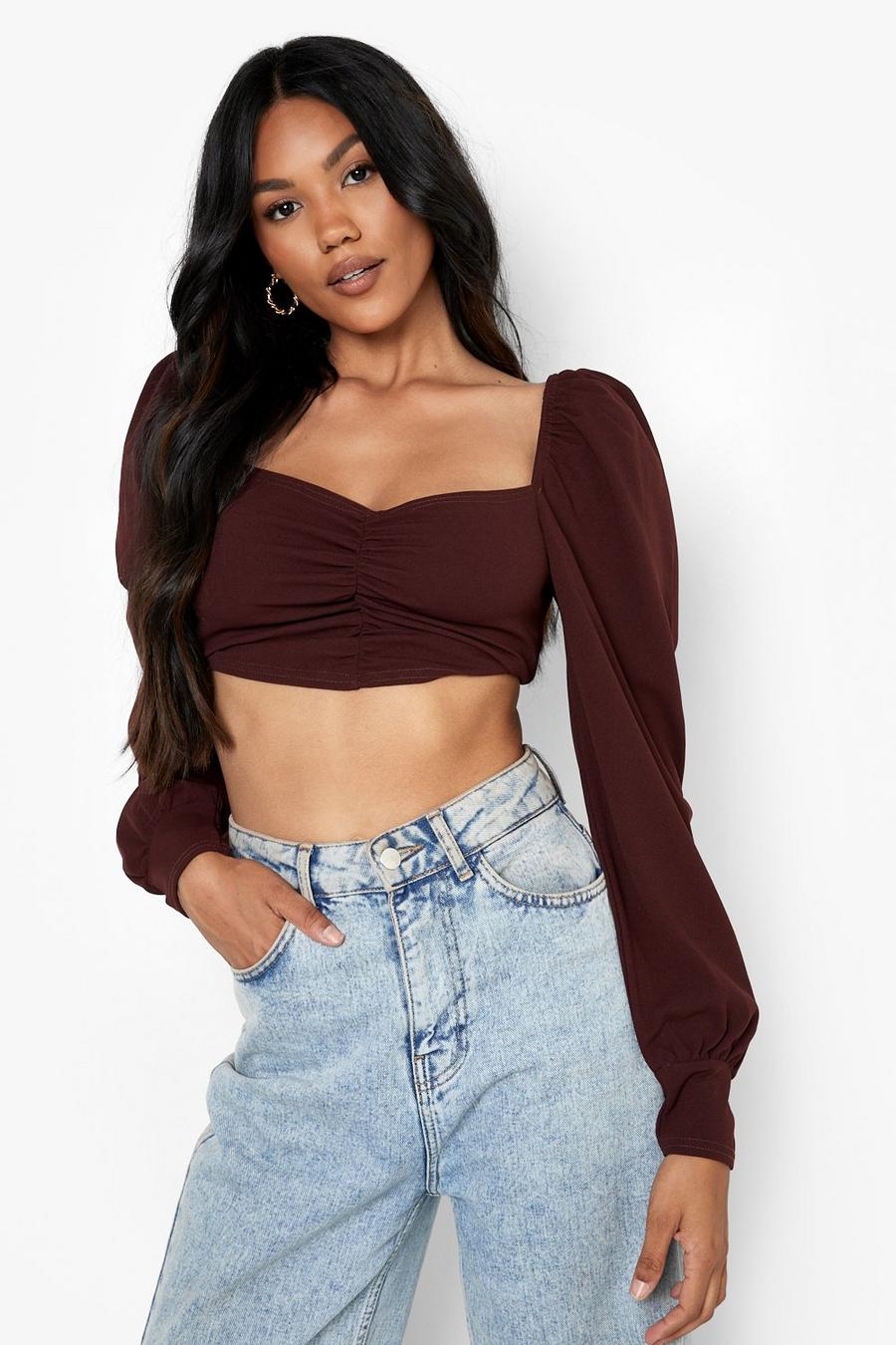 Chocolate Puff Sleeve Ruched Crop Top image number 1