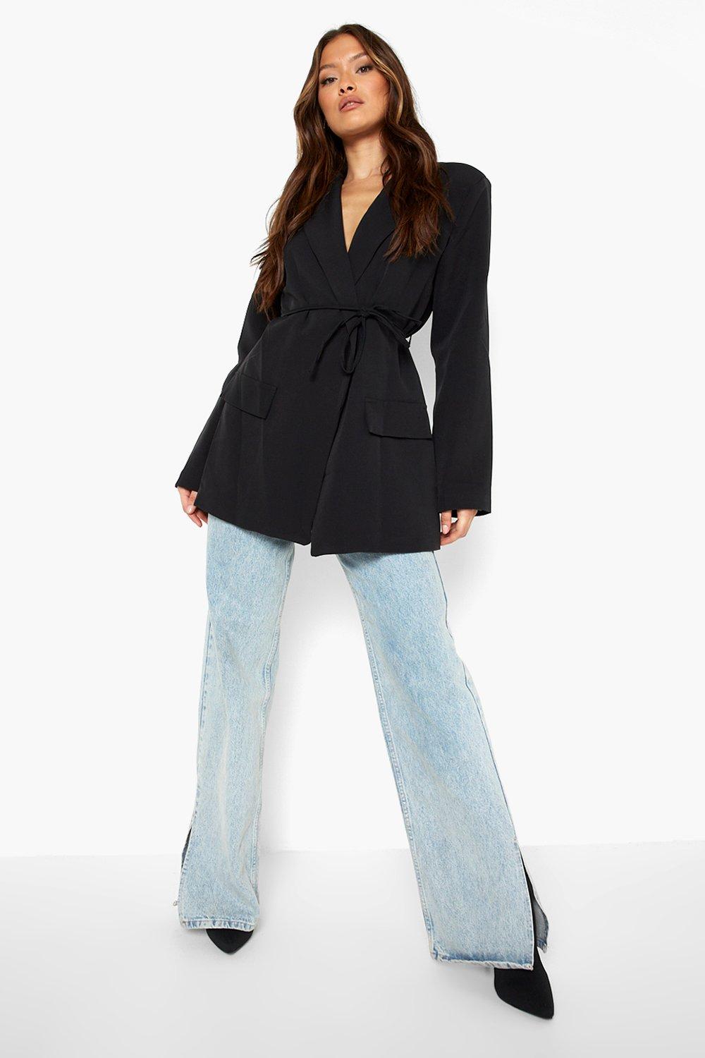 Tailored Tie Waist Long Line Blazer boohoo CA
