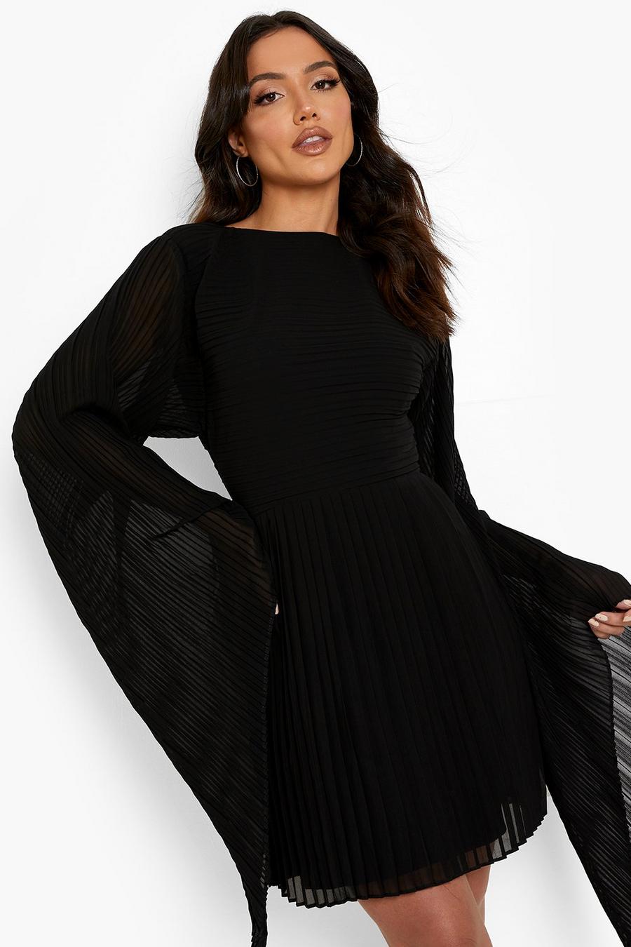 Black Pleated Cape Sleeve Mini Dress image number 1