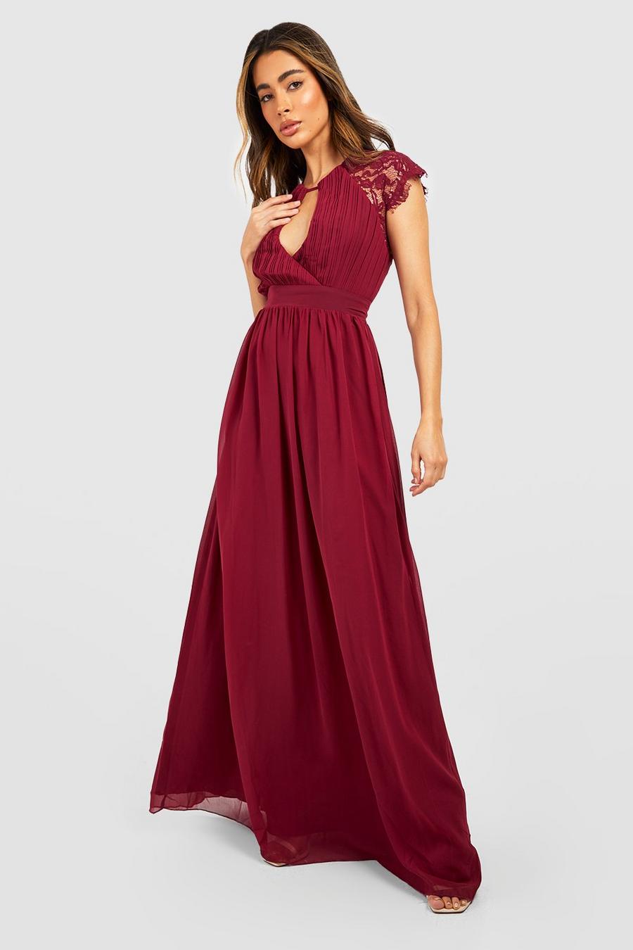 Berry rojo Lace Detail Wrap Pleated Maxi Dress