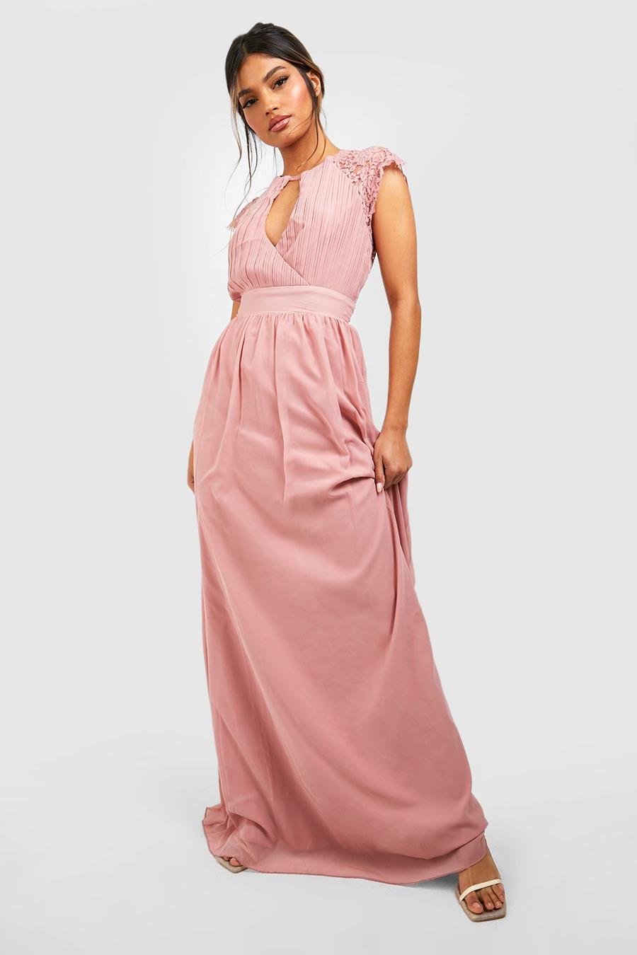 Vestito maxi scaldacuore con pieghe e dettagli in pizzo, Blush rosa