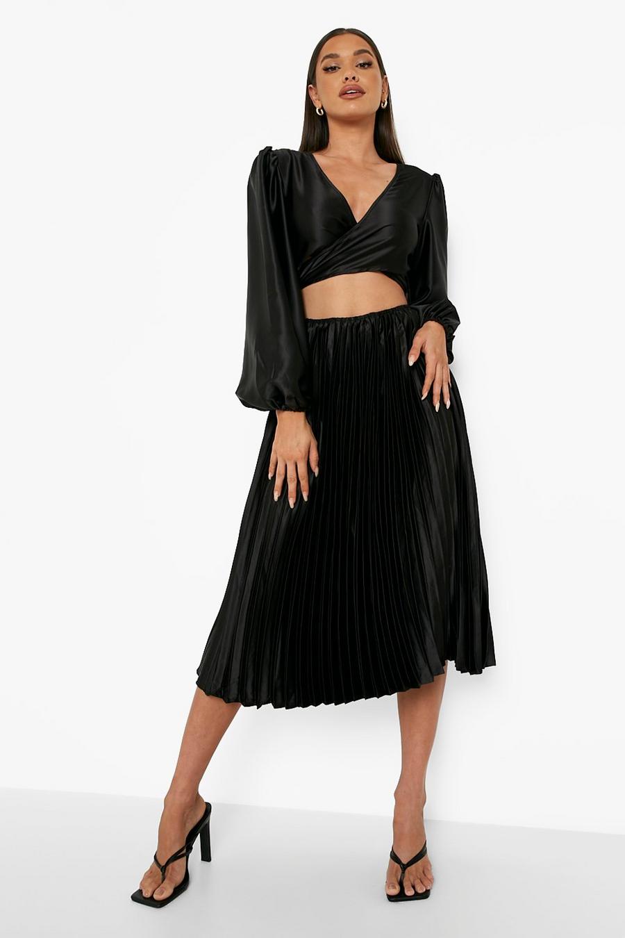 Black Satin Pleated Cut Out Wrap Midi Dress