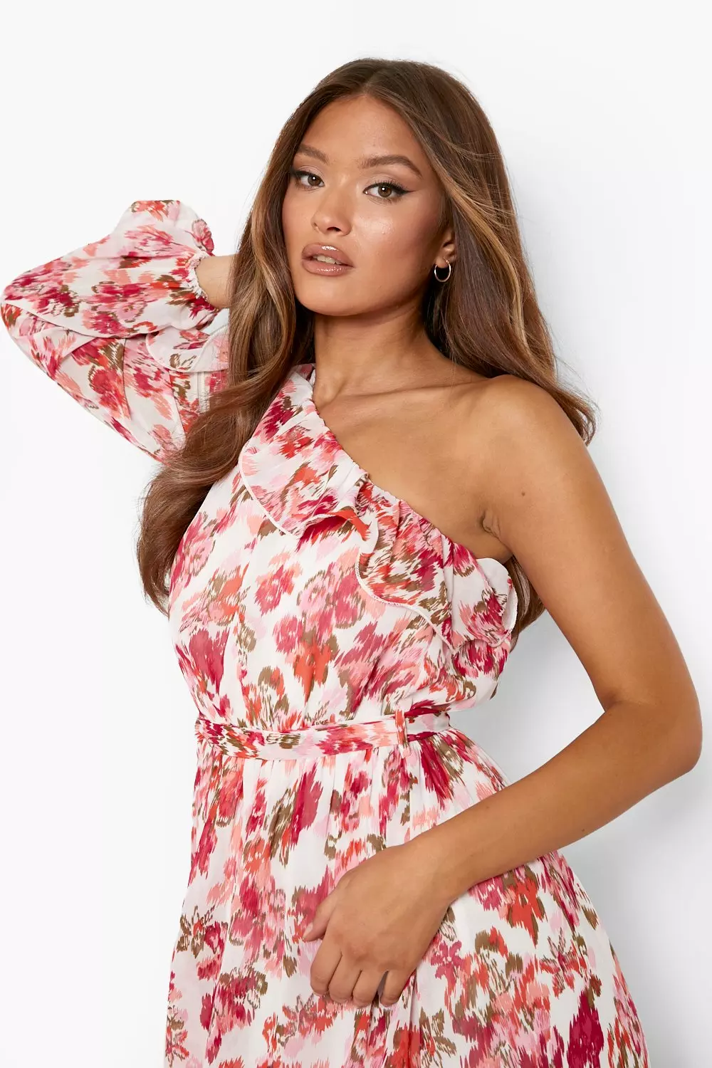 Pink floral asymmetric midi clearance dress