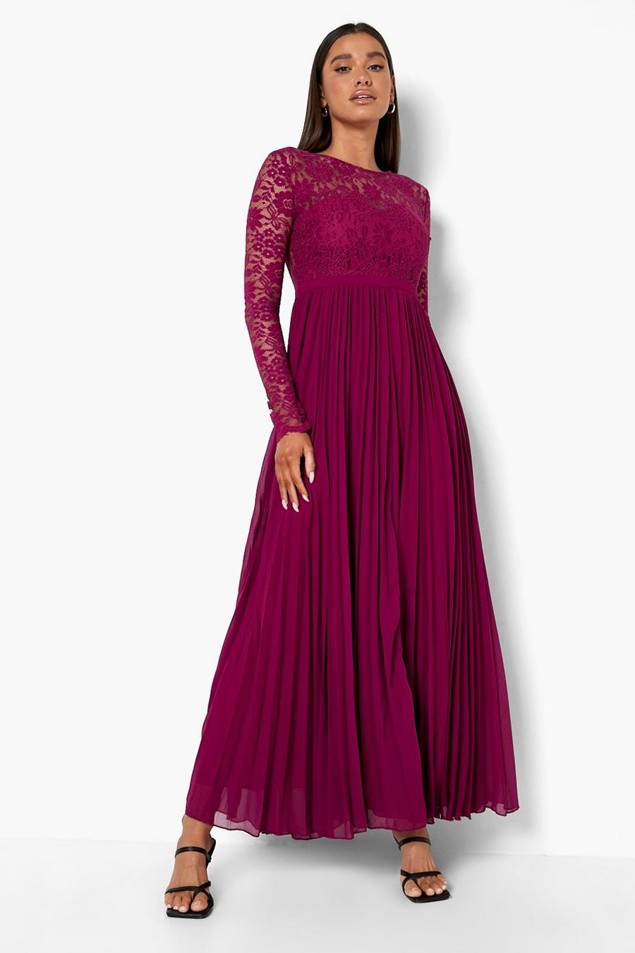 Berry rosso Lace Open Back Pleated Maxi Dress