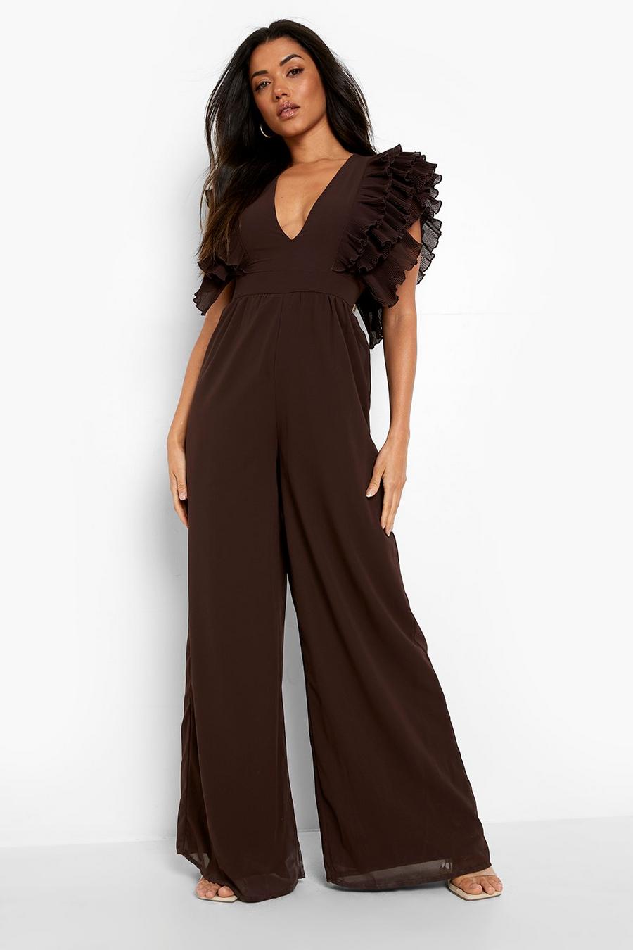 Chocolate Ruffle Detail Plunge Wide Leg Jumpsuit image number 1