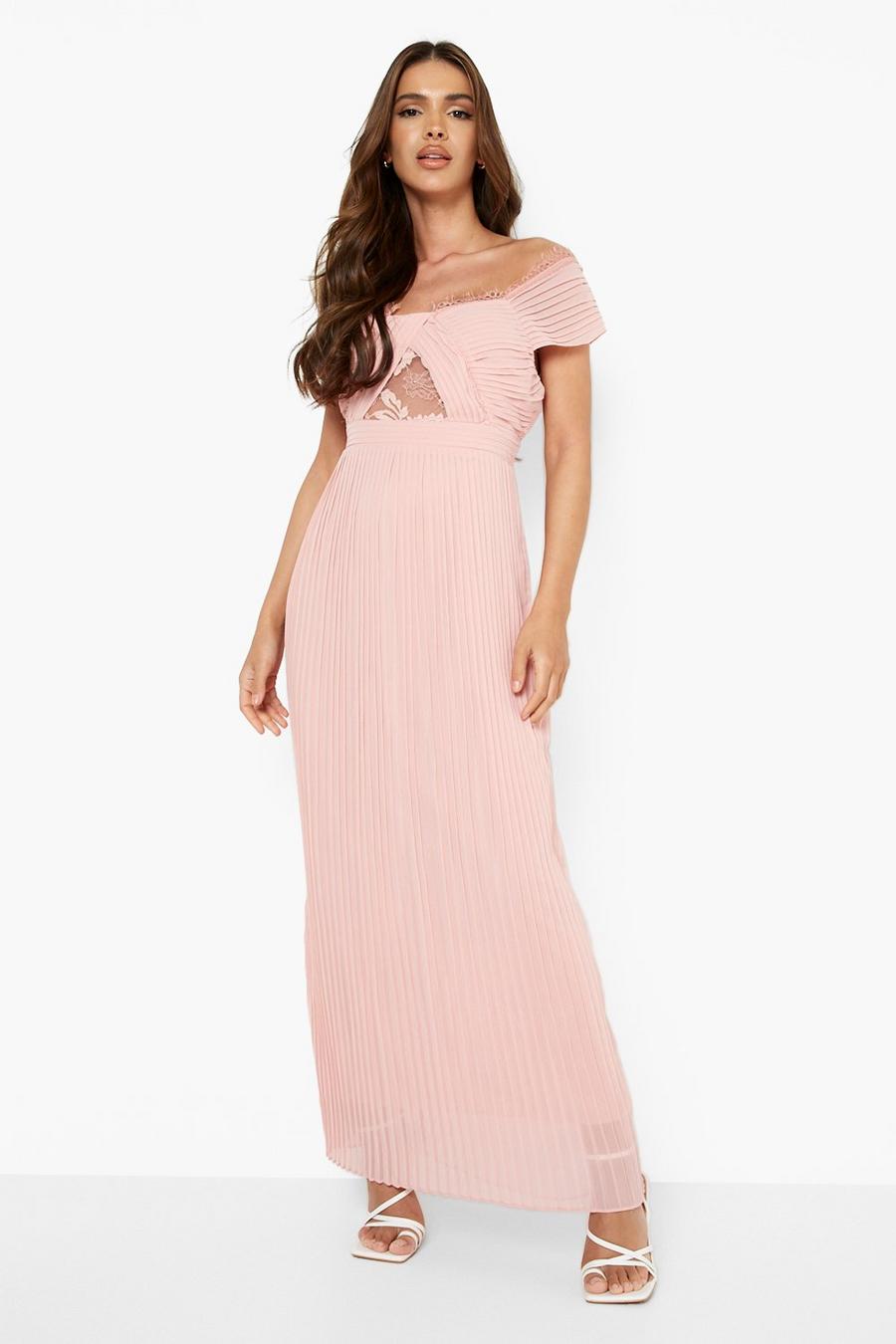 Blush pink Lace Detail Pleated Bardot Maxi Dress