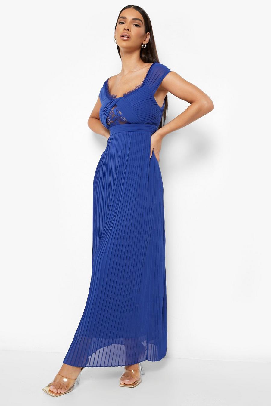 Cobalt blue Lace Detail Pleated Off The Shoulder Maxi Dress