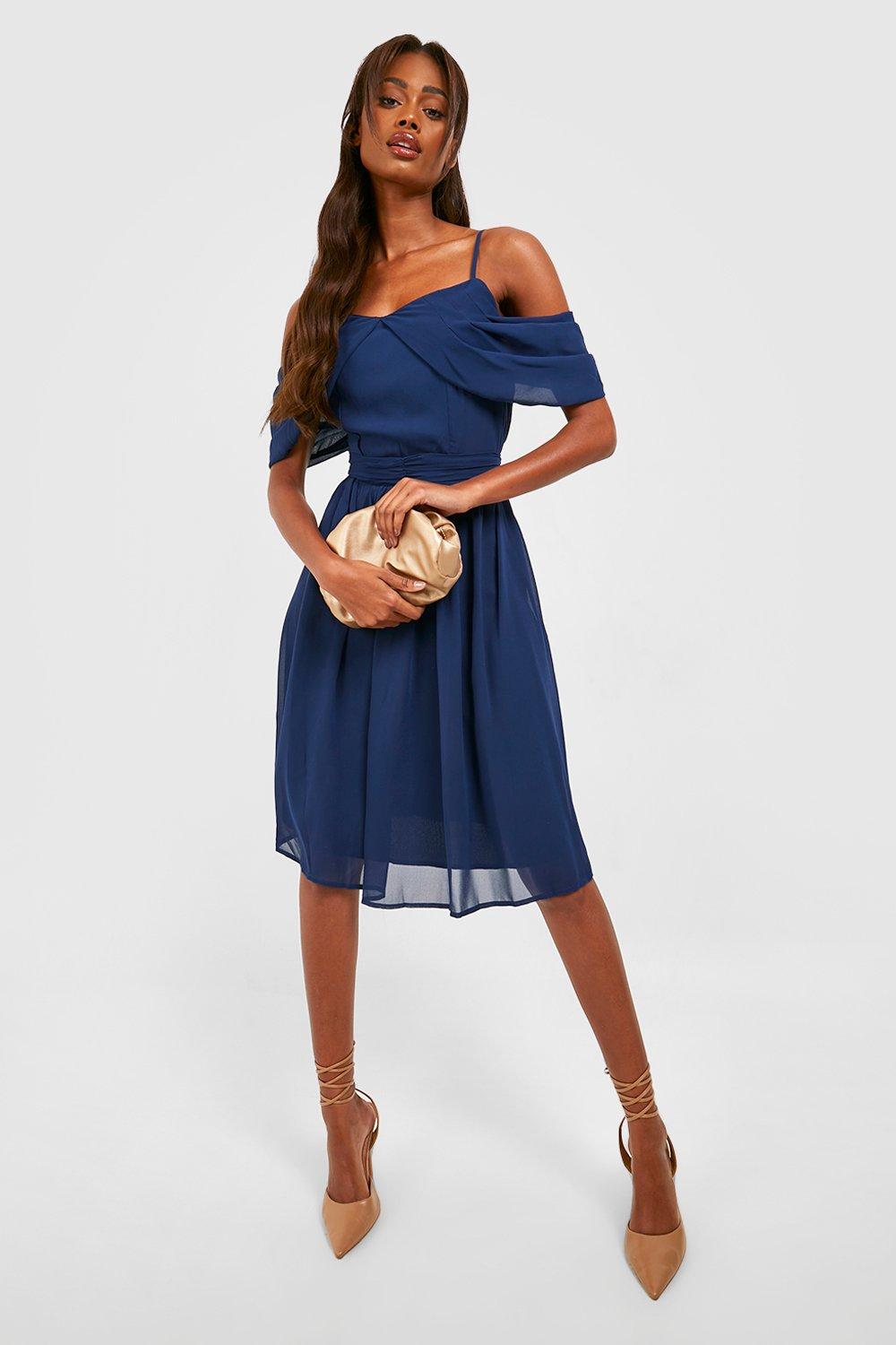 Chiffon Cold Shoulder Draped Midi Dress