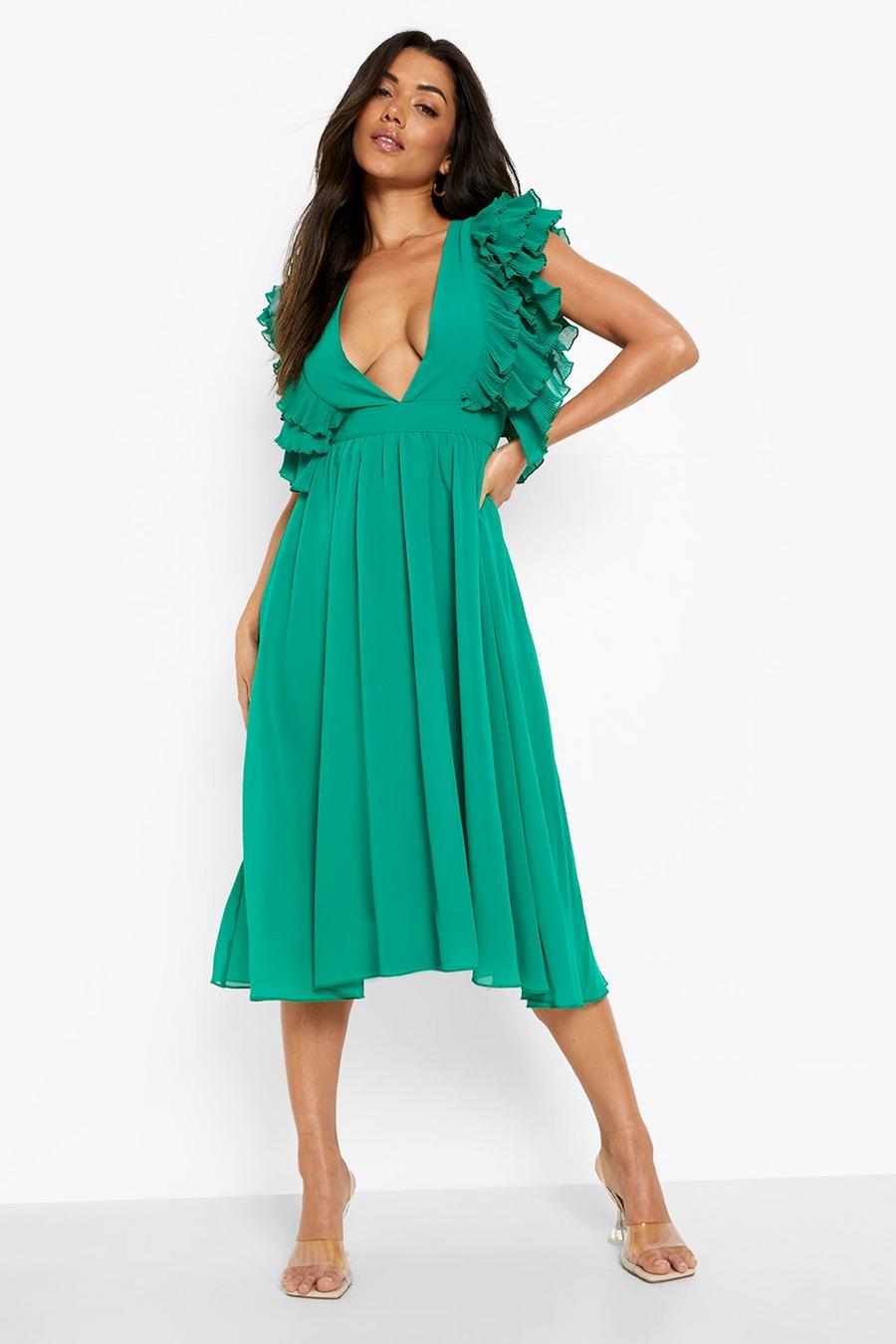 Green verde Chiffon Plunge Ruffle Midi Dress