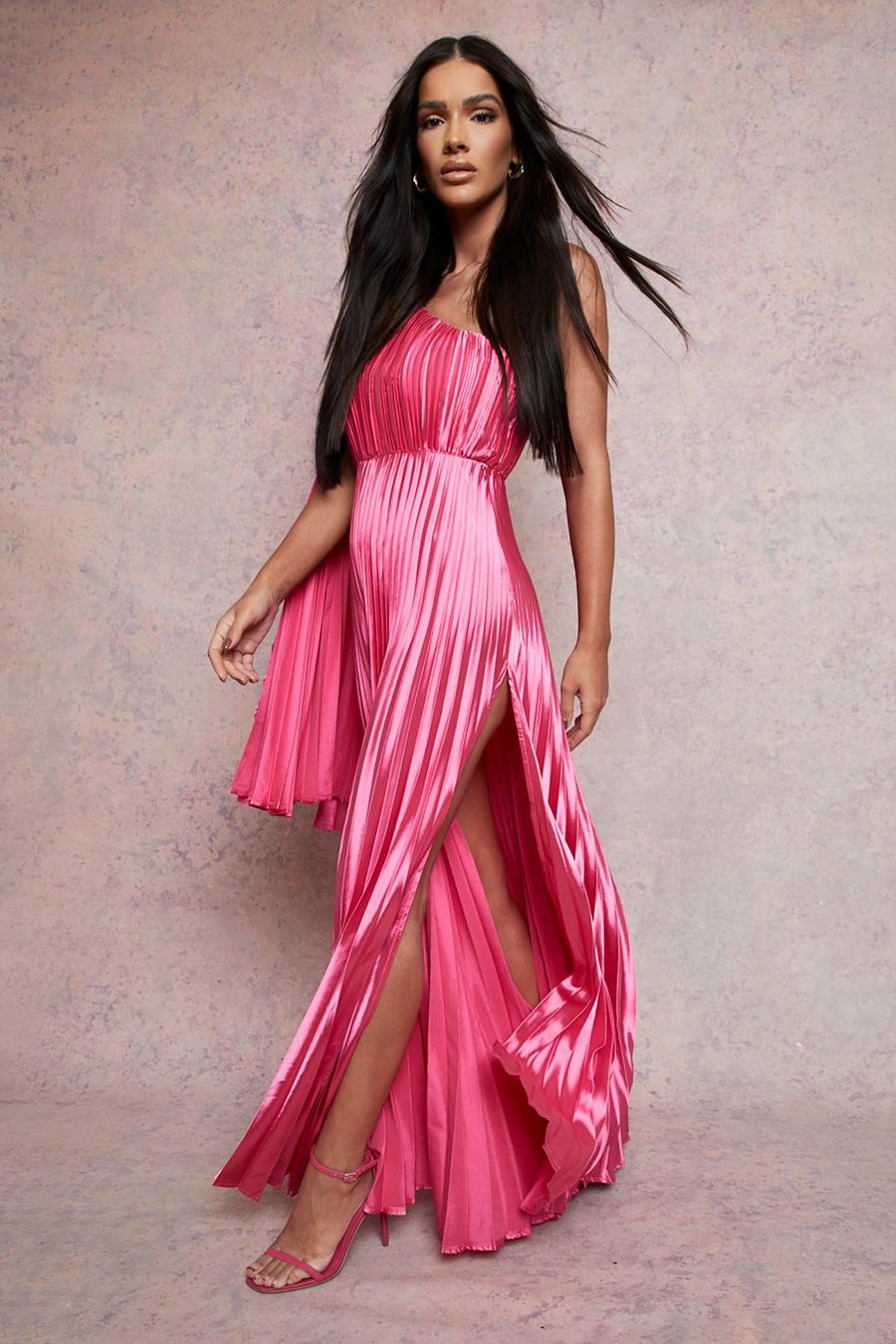 Hot pink rosa Cape Detail Satin Pleated Maxi Dress
