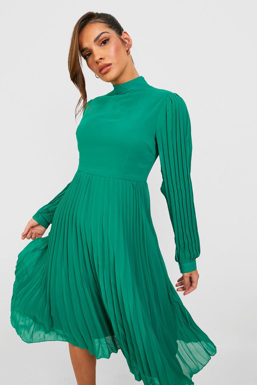 ירוק שמלת מידי עם צווארון גבוה ומלמלת קפלים image number 1