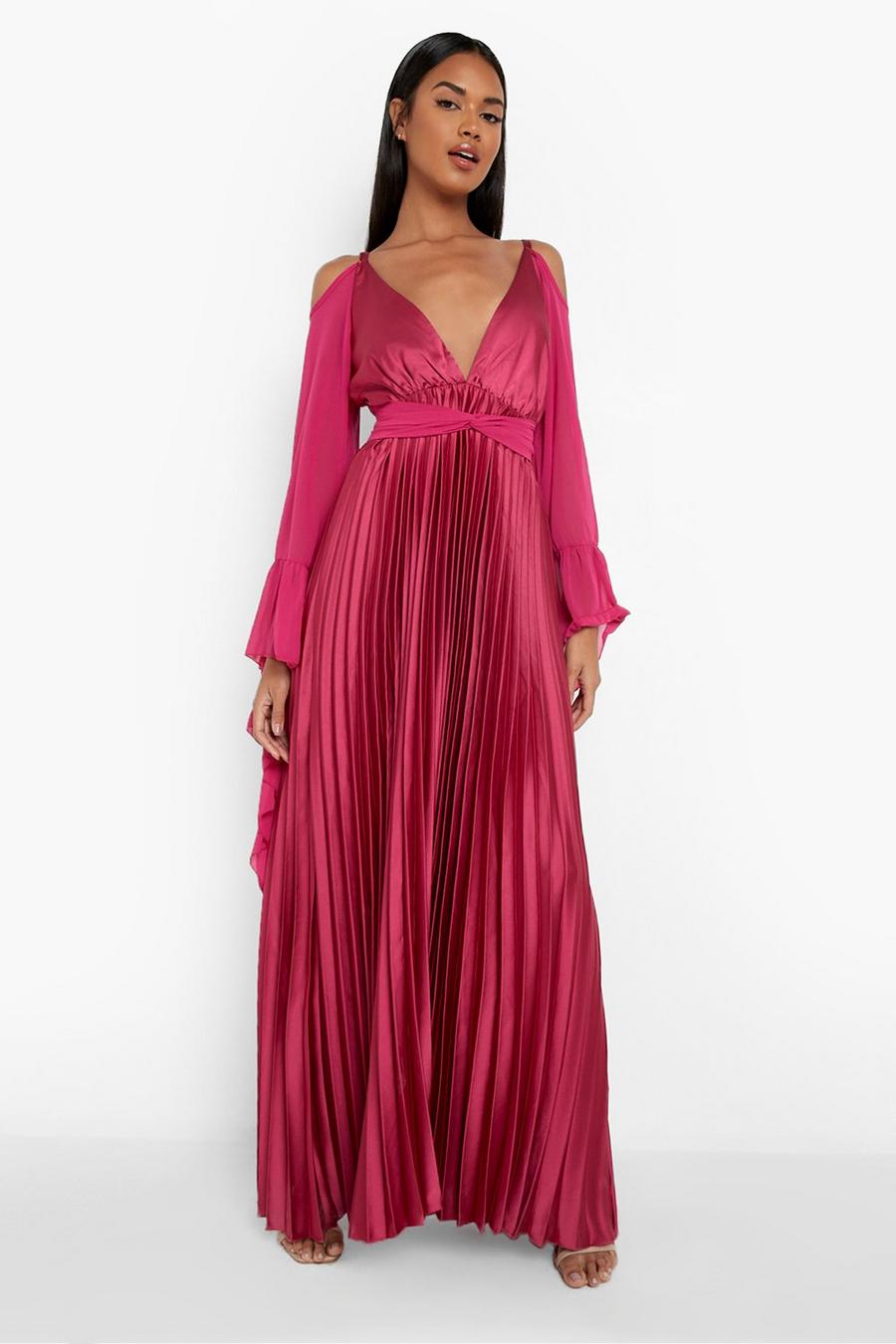 Magenta pink Pleated Extreme Flare Sleeve Maxi Dress image number 1