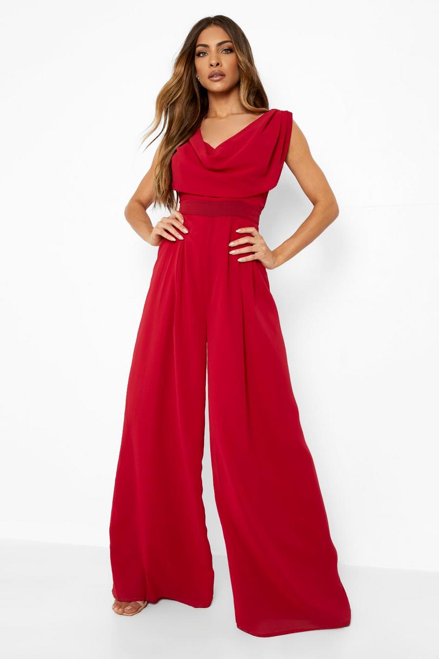 Berry red Cowl Draped Wide Leg Jumpsuit