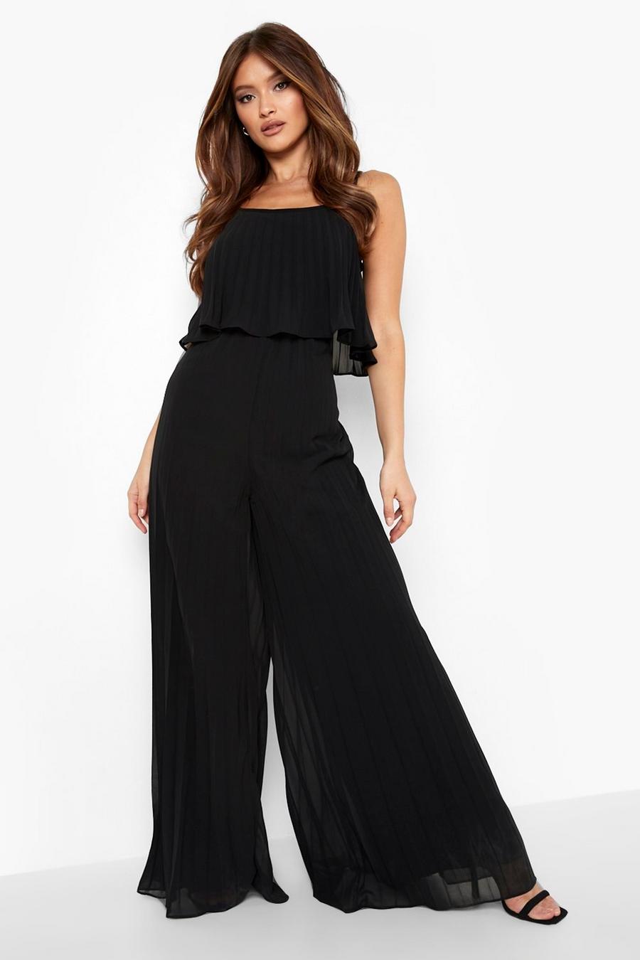 Black Pleated Wide Leg Double Layer Jumpsuit image number 1