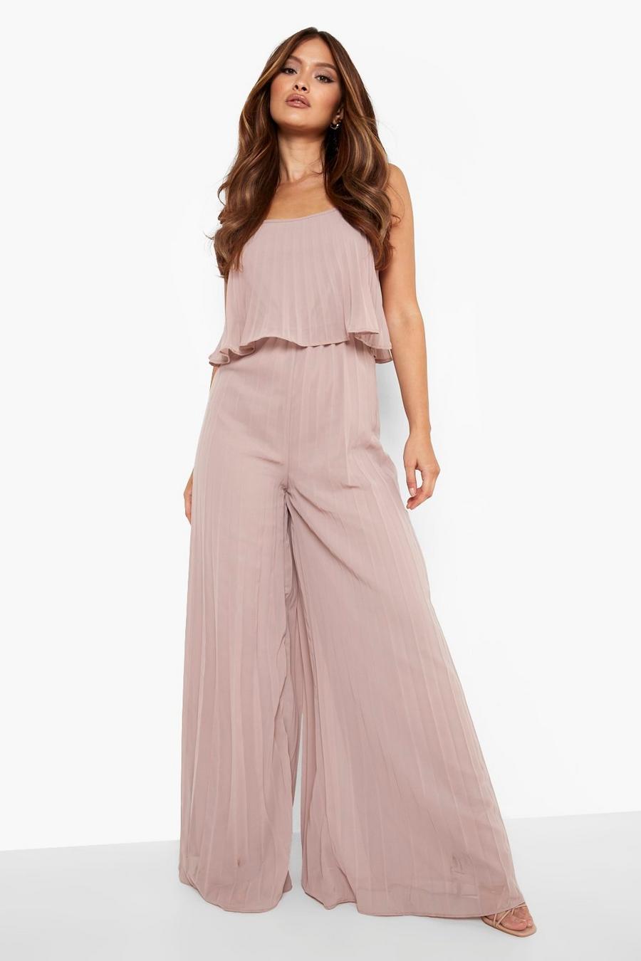 Mocha Pleated Wide Leg Double Layer Jumpsuit image number 1