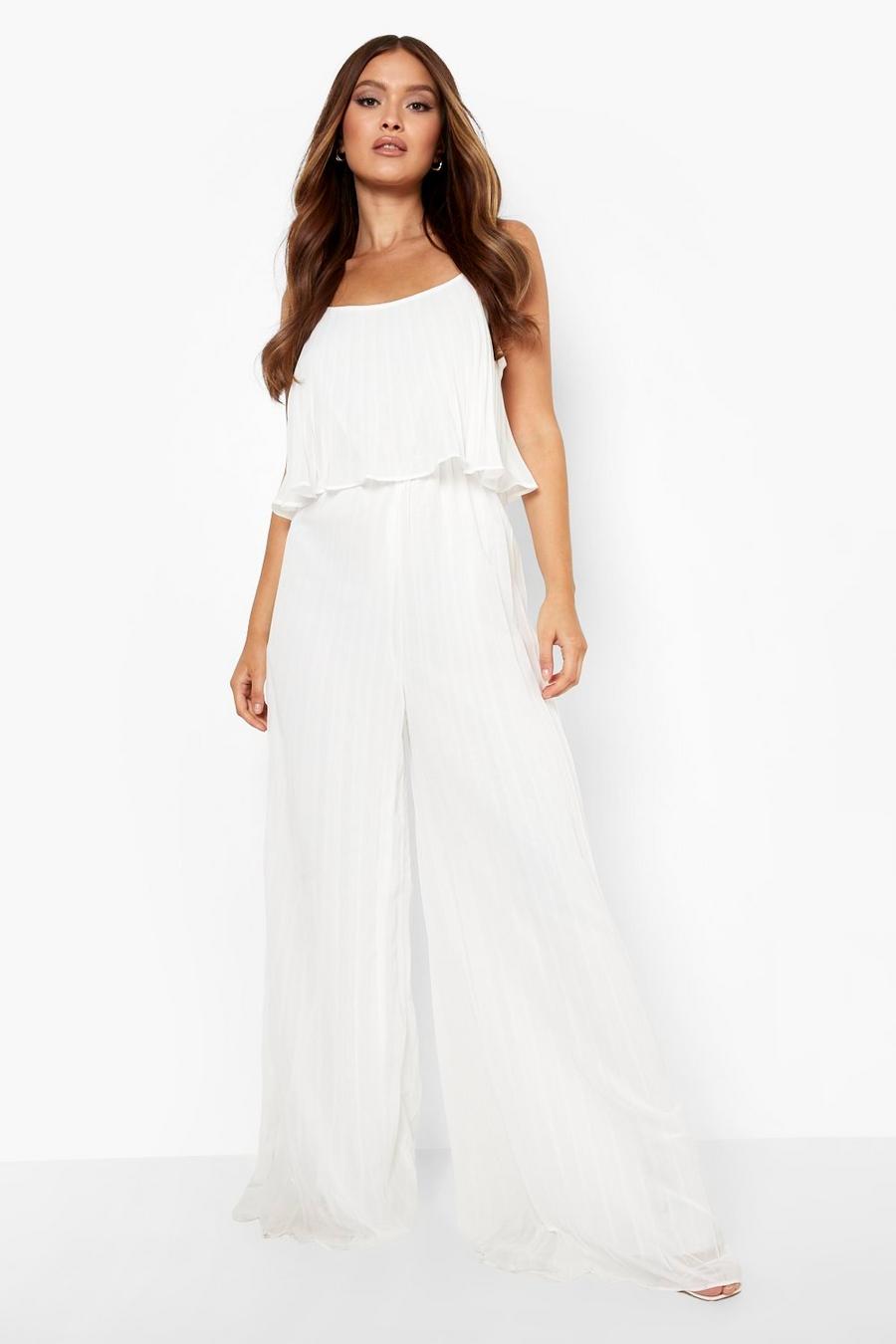 White Pleated Wide Leg Double Layer Jumpsuit image number 1
