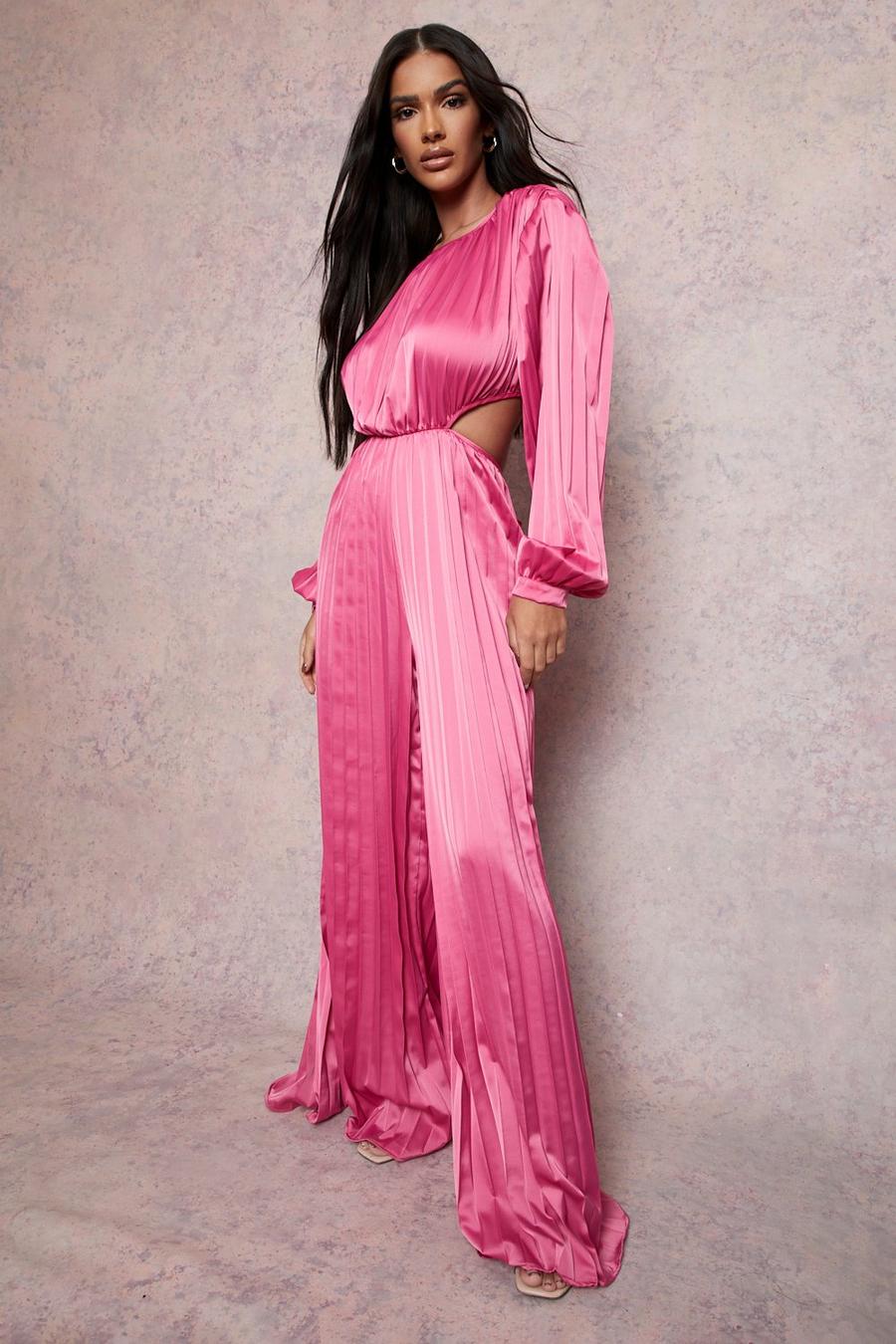 Hot pink Plisserad jumpsuit med cut-out och vida ben image number 1