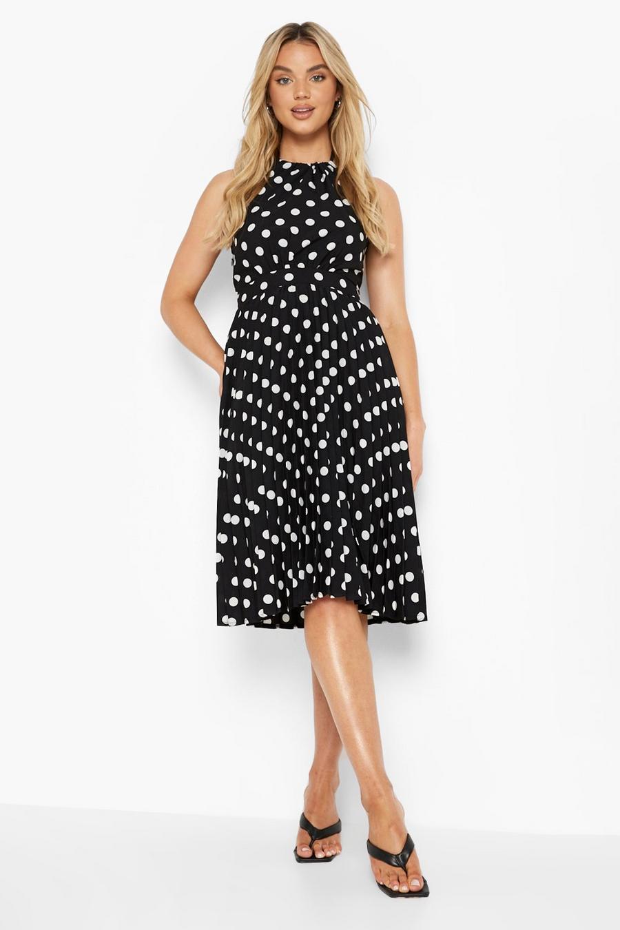 Black Polka Dot Pleated Halterneck Midi Dress image number 1