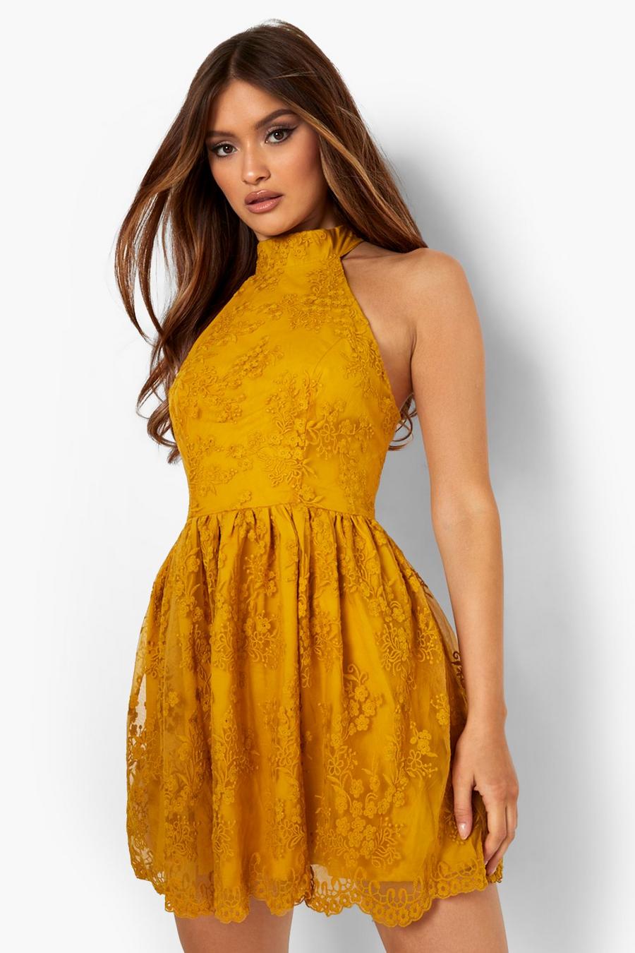 חרדל amarillo שמלת סקייטר מיני עם תחרה וצווארון קולר