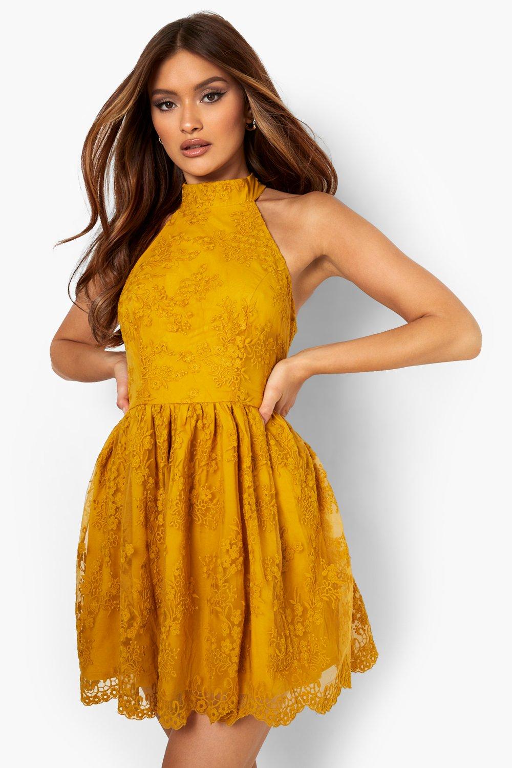 Boohoo yellow lace dress sale