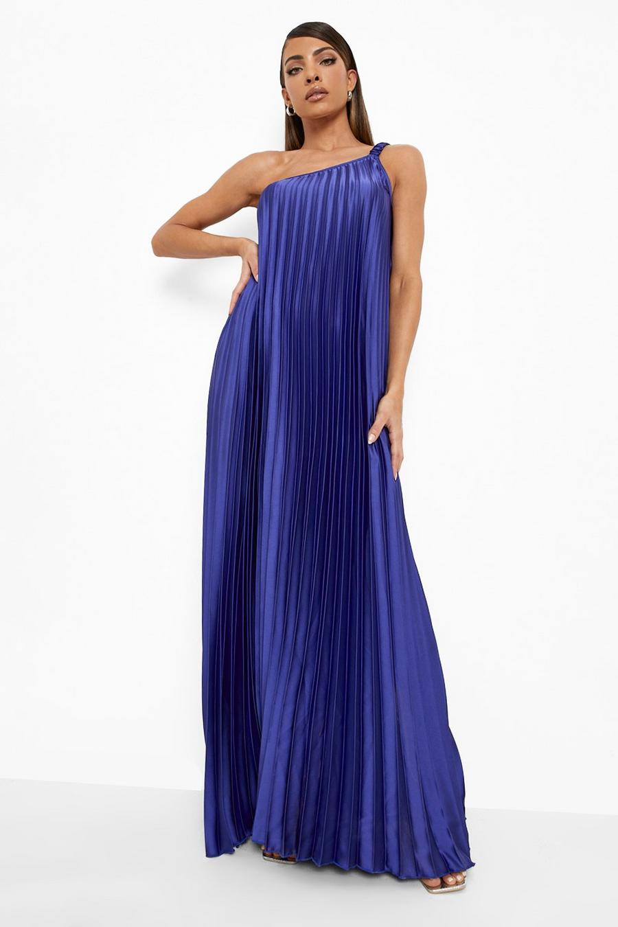Navy Pleated Asymmetric Strappy Maxi Dress image number 1