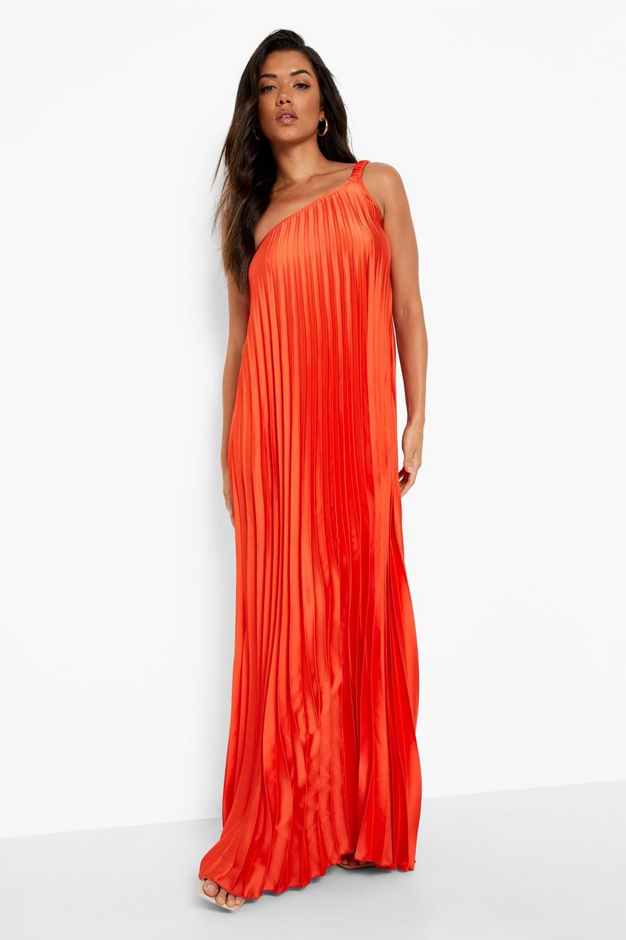 Orange Pleated Asymmetric Strappy Maxi Dress image number 1