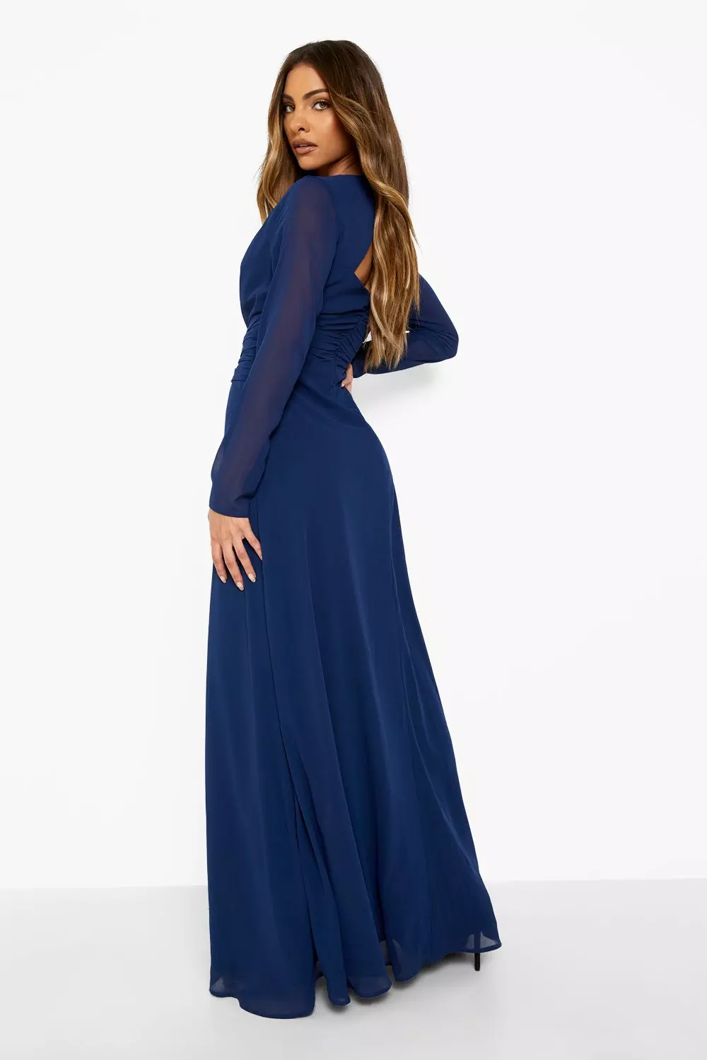 Navy Chiffon Long Sleeve Open Back Maxi Dress alternative image