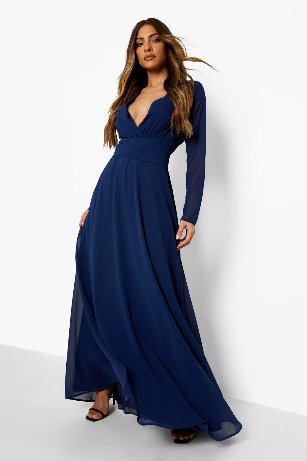 Navy Chiffon Long Sleeve Open Back Maxi Dress alternative image