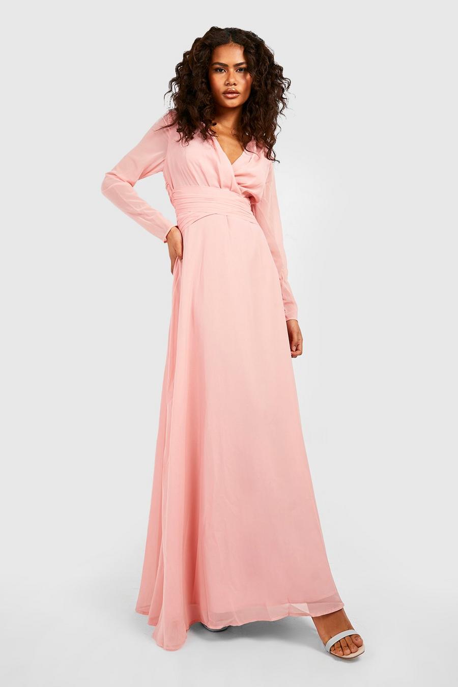 Rose pink Chiffon Long Sleeve Open Back Maxi Dress image number 1