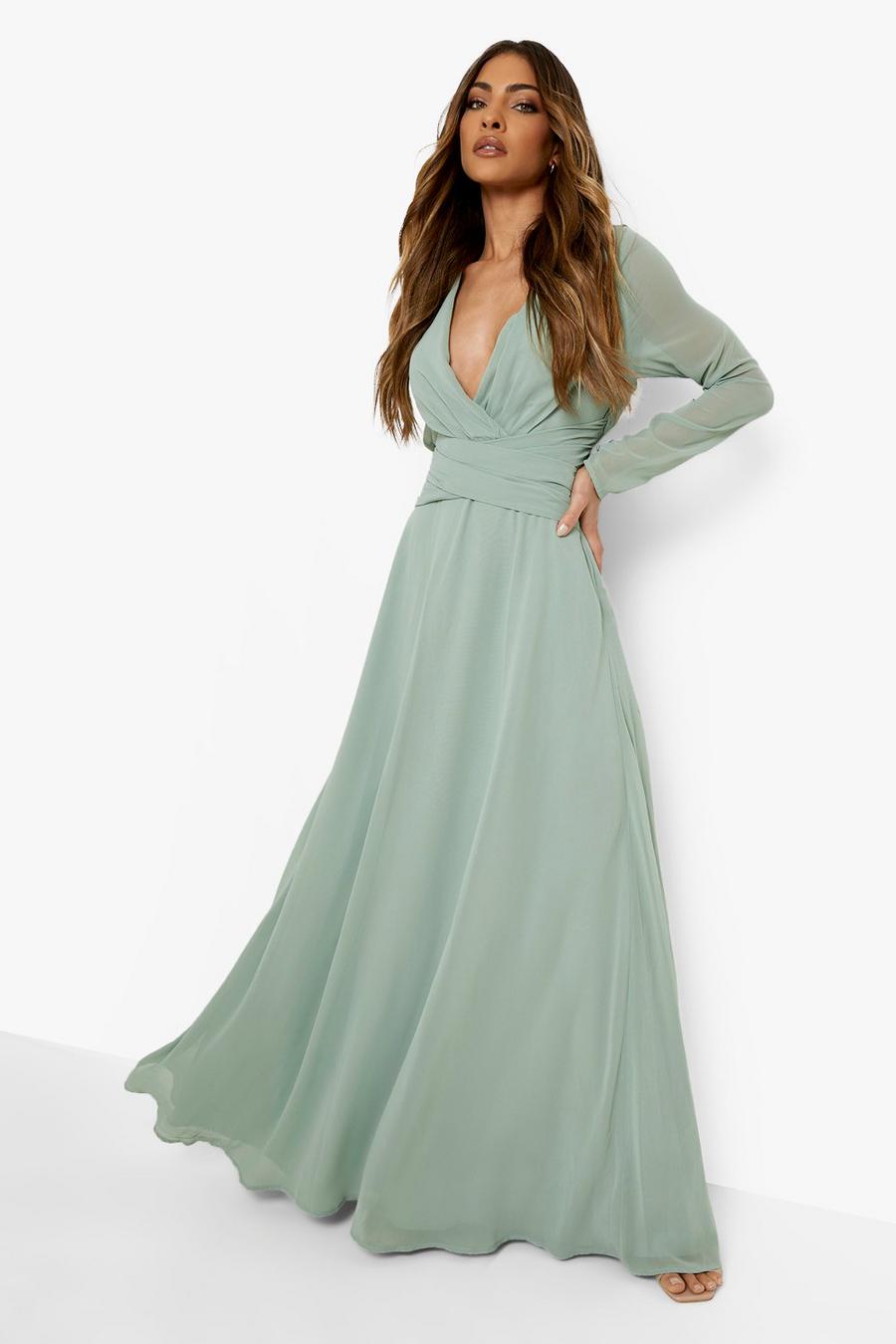 Sage green Chiffon Long Sleeve Open Back Maxi Dress