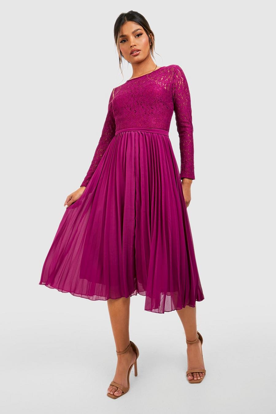 Berry red Lace Pleated Midi Dress