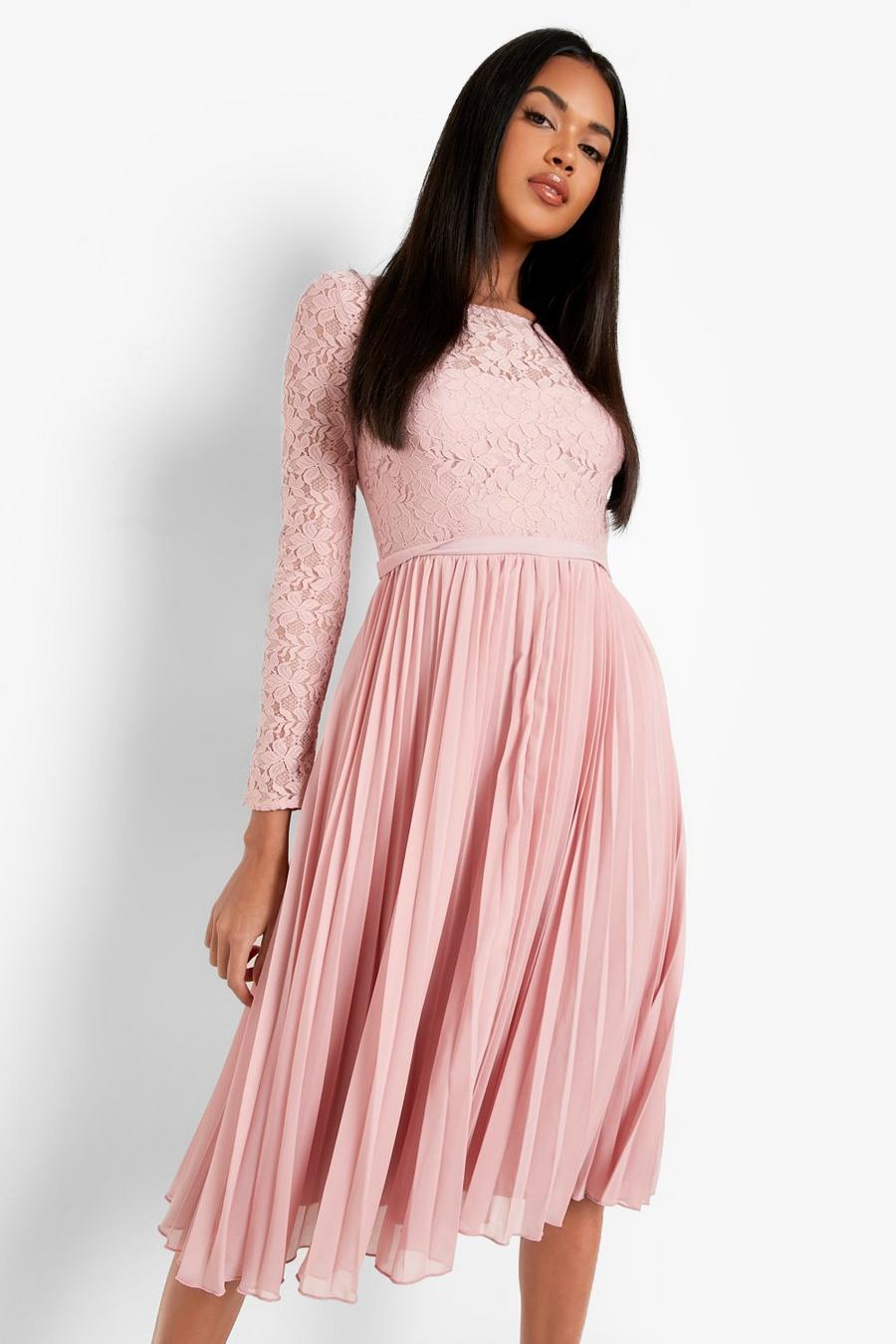 Blush pink Lace Pleated Midi Dress